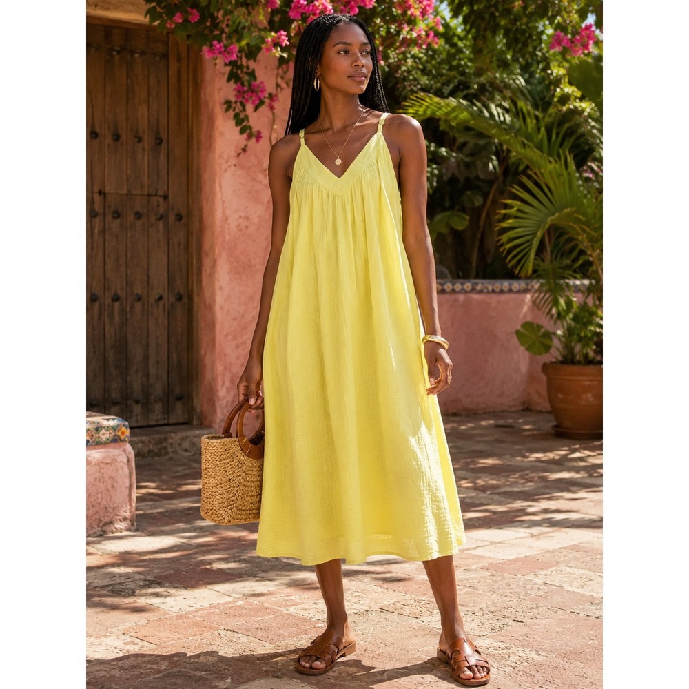Gap Sundress Dress V-Neck Yellow Large Lined Spaghetti Strap Vacation Beach Maxi